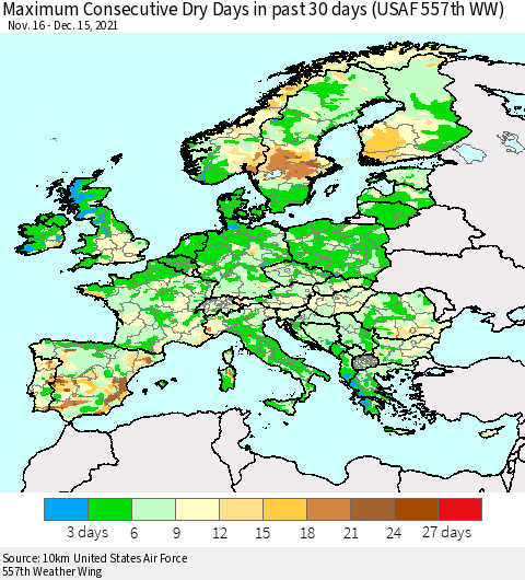 Europe Maximum Consecutive Dry Days in past 30 days (USAF 557th WW) 12/15/2021 Thematic Map For 12/11/2021 - 12/15/2021