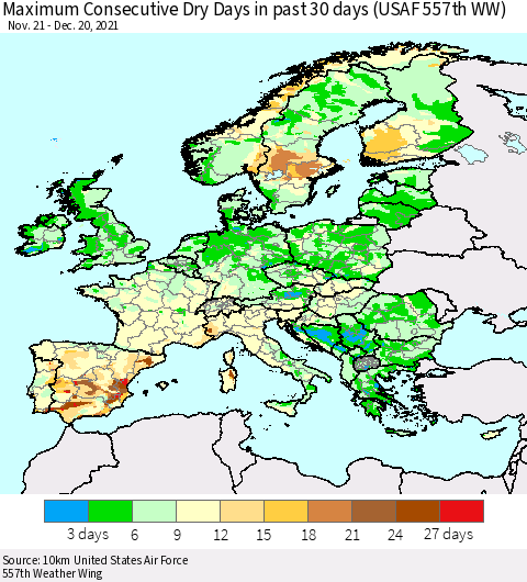 Europe Maximum Consecutive Dry Days in past 30 days (USAF 557th WW) 12/20/2021 Thematic Map For 12/16/2021 - 12/20/2021