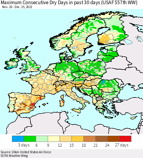Europe Maximum Consecutive Dry Days in past 30 days (USAF 557th WW) 12/25/2021 Thematic Map For 12/21/2021 - 12/25/2021