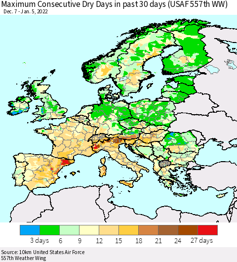 Europe Maximum Consecutive Dry Days in past 30 days (USAF 557th WW) 01/05/2022 Thematic Map For 1/1/2022 - 1/5/2022