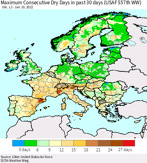 Europe Maximum Consecutive Dry Days in past 30 days (USAF 557th WW) 01/10/2022 Thematic Map For 1/6/2022 - 1/10/2022