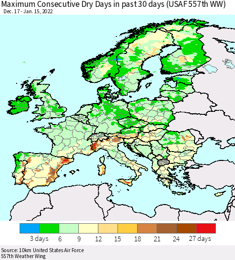 Europe Maximum Consecutive Dry Days in past 30 days (USAF 557th WW) 01/15/2022 Thematic Map For 1/11/2022 - 1/15/2022