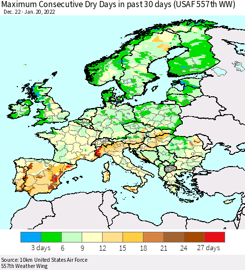 Europe Maximum Consecutive Dry Days in past 30 days (USAF 557th WW) 01/20/2022 Thematic Map For 1/16/2022 - 1/20/2022