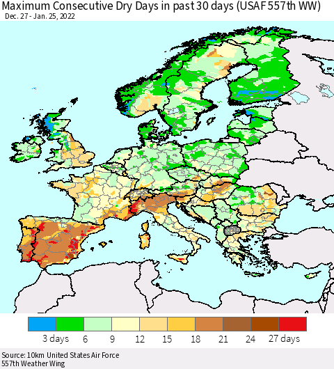 Europe Maximum Consecutive Dry Days in past 30 days (USAF 557th WW) 01/25/2022 Thematic Map For 1/21/2022 - 1/25/2022