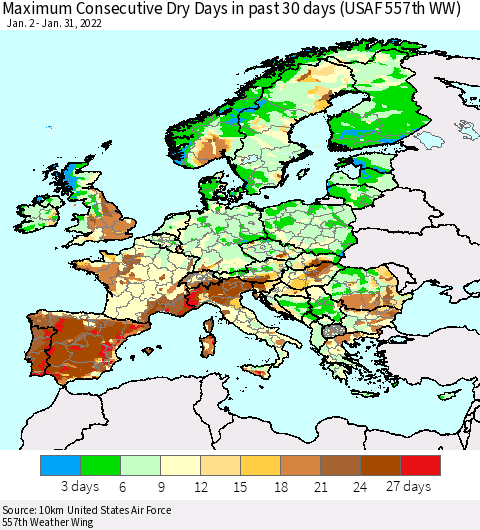 Europe Maximum Consecutive Dry Days in past 30 days (USAF 557th WW) 01/31/2022 Thematic Map For 1/26/2022 - 1/31/2022