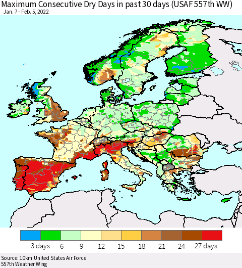 Europe Maximum Consecutive Dry Days in past 30 days (USAF 557th WW) 02/05/2022 Thematic Map For 2/1/2022 - 2/5/2022