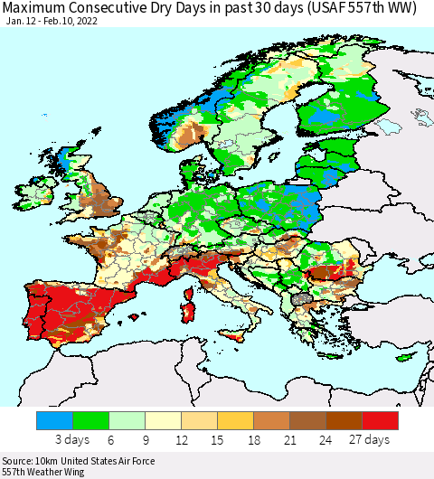 Europe Maximum Consecutive Dry Days in past 30 days (USAF 557th WW) 02/10/2022 Thematic Map For 2/6/2022 - 2/10/2022