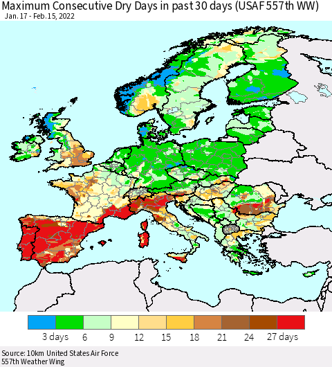 Europe Maximum Consecutive Dry Days in past 30 days (USAF 557th WW) 02/15/2022 Thematic Map For 2/11/2022 - 2/15/2022