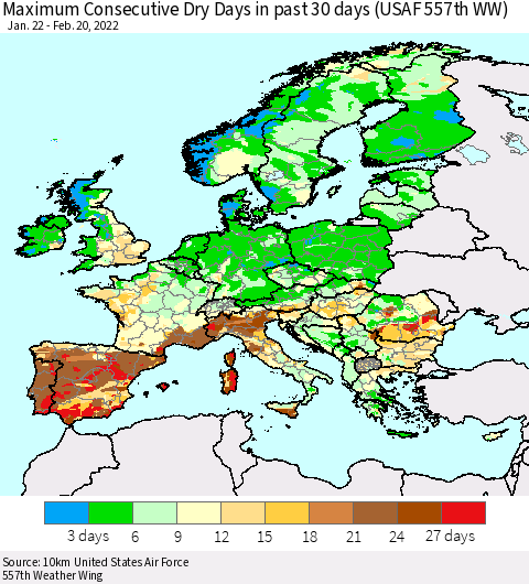 Europe Maximum Consecutive Dry Days in past 30 days (USAF 557th WW) 02/20/2022 Thematic Map For 2/16/2022 - 2/20/2022
