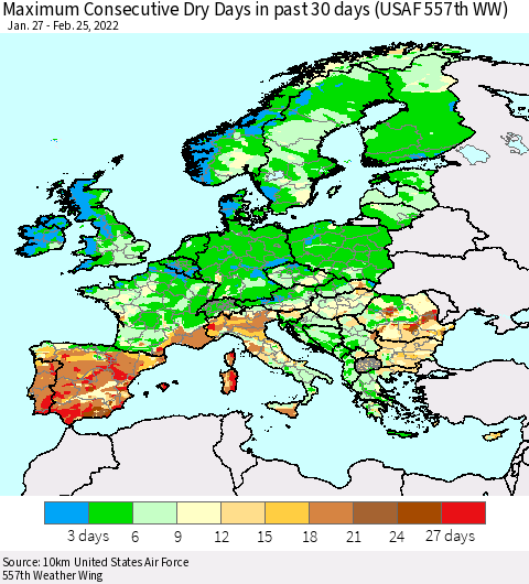 Europe Maximum Consecutive Dry Days in past 30 days (USAF 557th WW) 02/25/2022 Thematic Map For 2/21/2022 - 2/25/2022