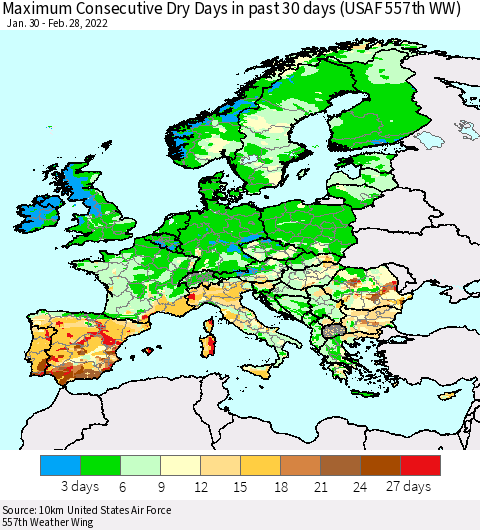Europe Maximum Consecutive Dry Days in past 30 days (USAF 557th WW) 02/28/2022 Thematic Map For 2/26/2022 - 2/28/2022
