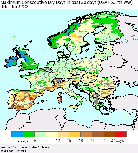 Europe Maximum Consecutive Dry Days in past 30 days (USAF 557th WW) Thematic Map For 3/1/2022 - 3/5/2022