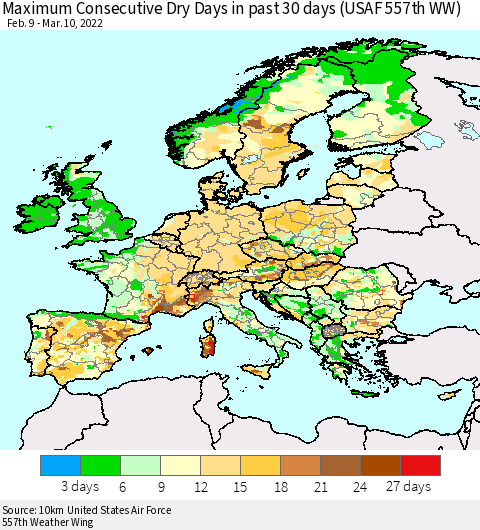 Europe Maximum Consecutive Dry Days in past 30 days (USAF 557th WW) Thematic Map For 3/6/2022 - 3/10/2022