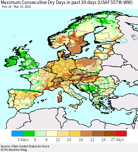 Europe Maximum Consecutive Dry Days in past 30 days (USAF 557th WW) 03/15/2022 Thematic Map For 3/11/2022 - 3/15/2022