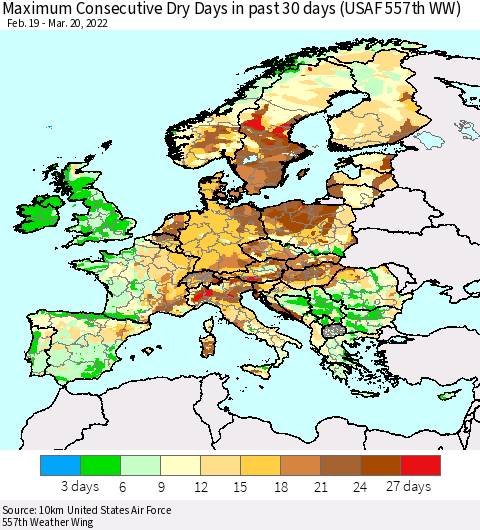 Europe Maximum Consecutive Dry Days in past 30 days (USAF 557th WW) Thematic Map For 3/16/2022 - 3/20/2022