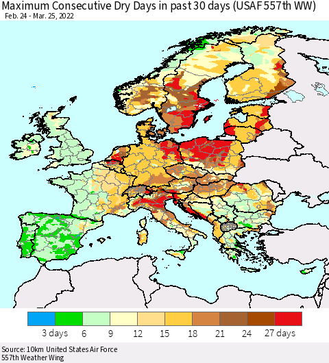 Europe Maximum Consecutive Dry Days in past 30 days (USAF 557th WW) 03/25/2022 Thematic Map For 3/21/2022 - 3/25/2022
