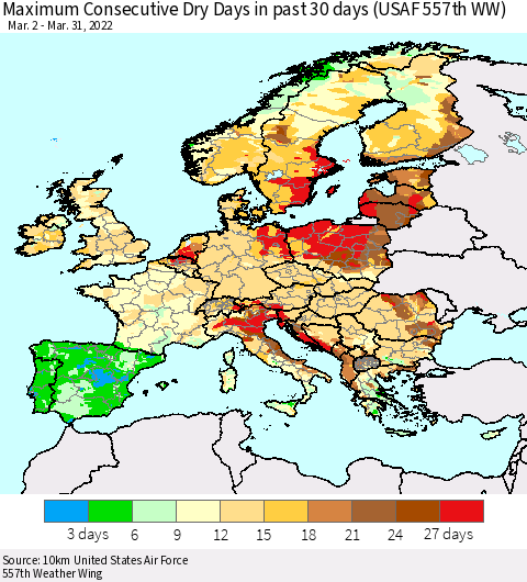 Europe Maximum Consecutive Dry Days in past 30 days (USAF 557th WW) 03/31/2022 Thematic Map For 3/26/2022 - 3/31/2022