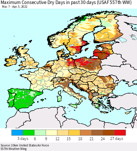 Europe Maximum Consecutive Dry Days in past 30 days (USAF 557th WW) 04/05/2022 Thematic Map For 4/1/2022 - 4/5/2022