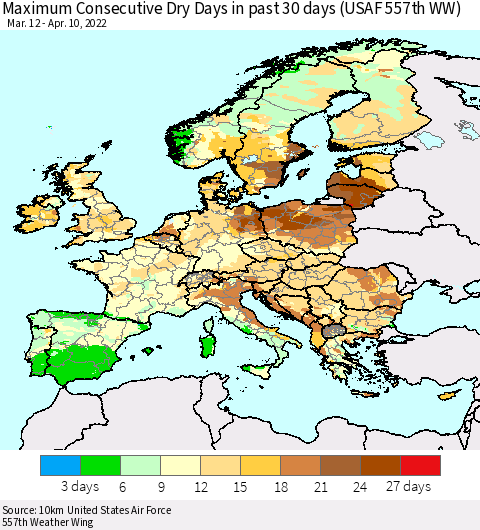 Europe Maximum Consecutive Dry Days in past 30 days (USAF 557th WW) 04/10/2022 Thematic Map For 4/6/2022 - 4/10/2022