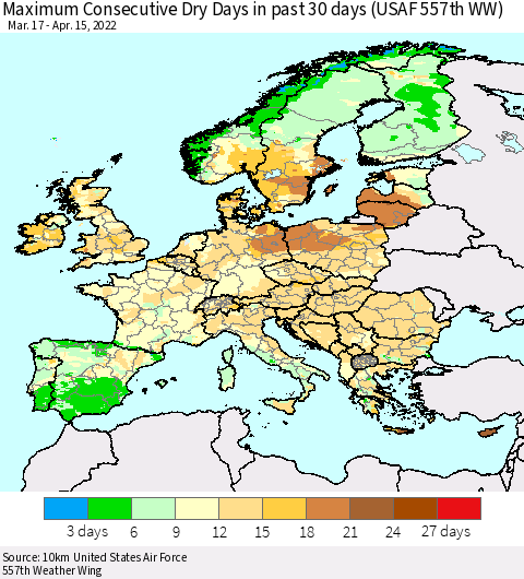 Europe Maximum Consecutive Dry Days in past 30 days (USAF 557th WW) 04/15/2022 Thematic Map For 4/11/2022 - 4/15/2022