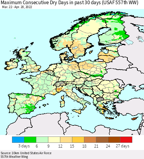 Europe Maximum Consecutive Dry Days in past 30 days (USAF 557th WW) 04/20/2022 Thematic Map For 4/16/2022 - 4/20/2022