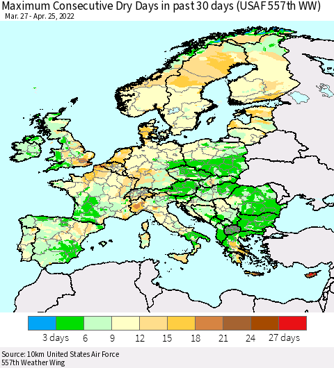 Europe Maximum Consecutive Dry Days in past 30 days (USAF 557th WW) 04/25/2022 Thematic Map For 4/21/2022 - 4/25/2022