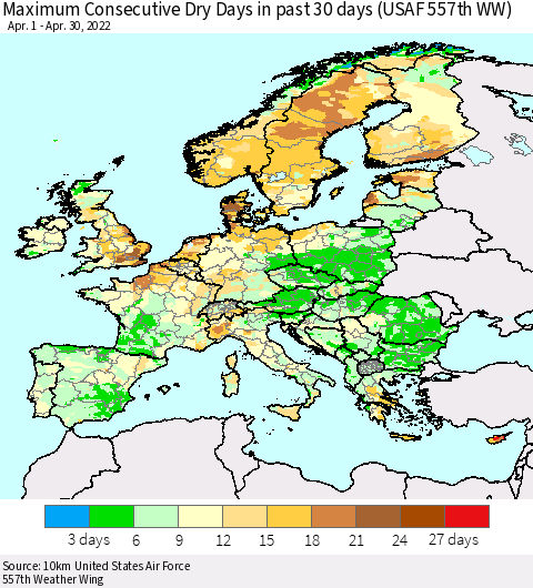 Europe Maximum Consecutive Dry Days in past 30 days (USAF 557th WW) 04/30/2022 Thematic Map For 4/26/2022 - 4/30/2022