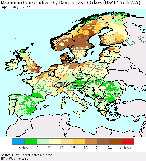 Europe Maximum Consecutive Dry Days in past 30 days (USAF 557th WW) 05/05/2022 Thematic Map For 5/1/2022 - 5/5/2022
