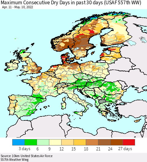 Europe Maximum Consecutive Dry Days in past 30 days (USAF 557th WW) 05/10/2022 Thematic Map For 5/6/2022 - 5/10/2022