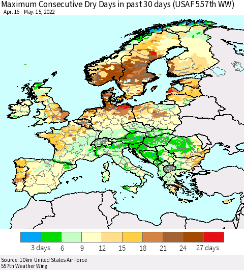 Europe Maximum Consecutive Dry Days in past 30 days (USAF 557th WW) 05/15/2022 Thematic Map For 5/11/2022 - 5/15/2022