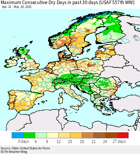 Europe Maximum Consecutive Dry Days in past 30 days (USAF 557th WW) 05/20/2022 Thematic Map For 5/16/2022 - 5/20/2022