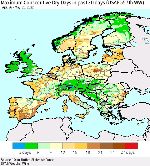 Europe Maximum Consecutive Dry Days in past 30 days (USAF 557th WW) 05/25/2022 Thematic Map For 5/21/2022 - 5/25/2022