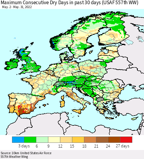 Europe Maximum Consecutive Dry Days in past 30 days (USAF 557th WW) 05/31/2022 Thematic Map For 5/26/2022 - 5/31/2022