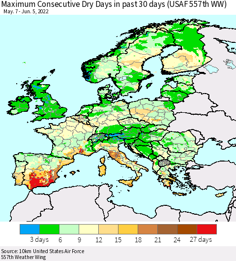 Europe Maximum Consecutive Dry Days in past 30 days (USAF 557th WW) 06/05/2022 Thematic Map For 6/1/2022 - 6/5/2022