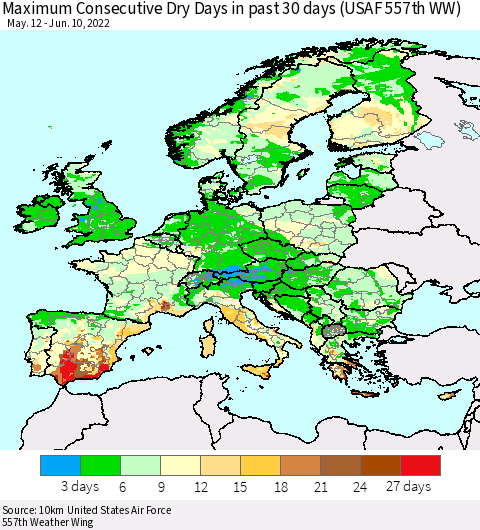 Europe Maximum Consecutive Dry Days in past 30 days (USAF 557th WW) 06/10/2022 Thematic Map For 6/6/2022 - 6/10/2022