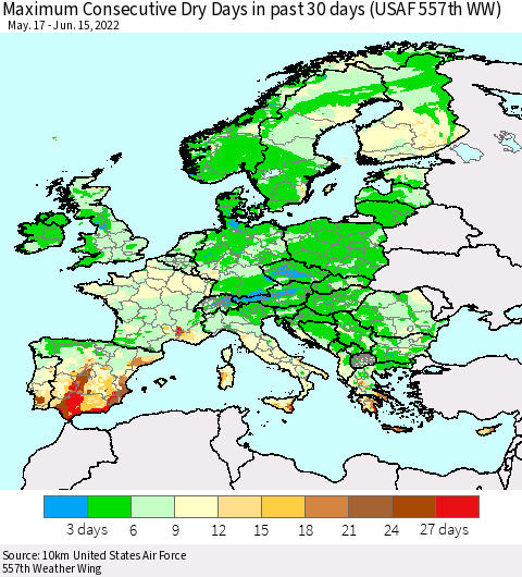 Europe Maximum Consecutive Dry Days in past 30 days (USAF 557th WW) 06/15/2022 Thematic Map For 6/11/2022 - 6/15/2022