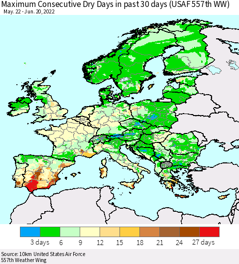 Europe Maximum Consecutive Dry Days in past 30 days (USAF 557th WW) 06/20/2022 Thematic Map For 6/16/2022 - 6/20/2022