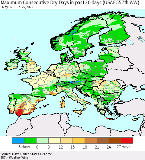Europe Maximum Consecutive Dry Days in past 30 days (USAF 557th WW) 06/25/2022 Thematic Map For 6/21/2022 - 6/25/2022