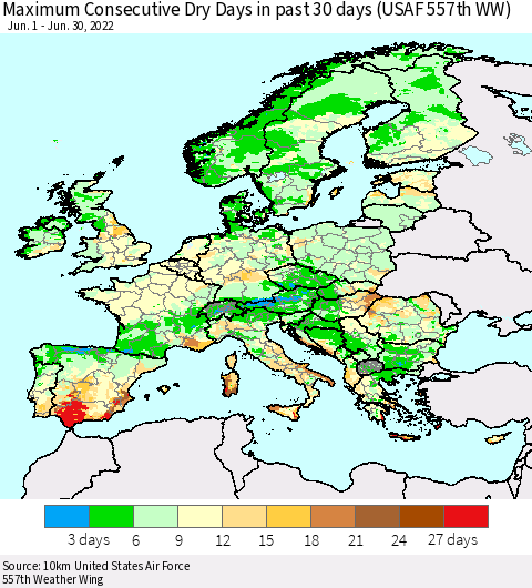 Europe Maximum Consecutive Dry Days in past 30 days (USAF 557th WW) 06/30/2022 Thematic Map For 6/26/2022 - 6/30/2022
