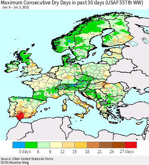 Europe Maximum Consecutive Dry Days in past 30 days (USAF 557th WW) 07/05/2022 Thematic Map For 7/1/2022 - 7/5/2022