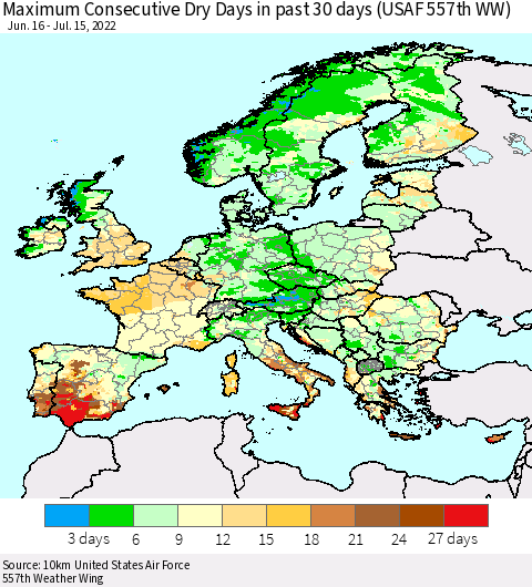 Europe Maximum Consecutive Dry Days in past 30 days (USAF 557th WW) 07/15/2022 Thematic Map For 7/11/2022 - 7/15/2022