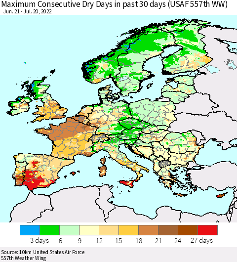 Europe Maximum Consecutive Dry Days in past 30 days (USAF 557th WW) 07/20/2022 Thematic Map For 7/16/2022 - 7/20/2022