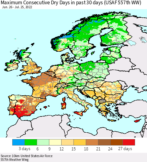 Europe Maximum Consecutive Dry Days in past 30 days (USAF 557th WW) 07/25/2022 Thematic Map For 7/21/2022 - 7/25/2022