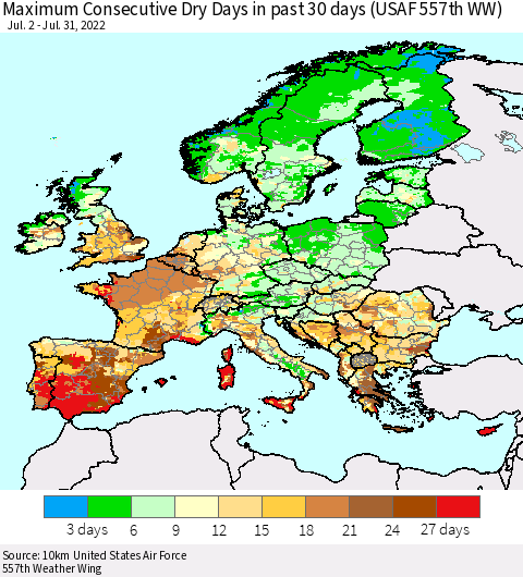 Europe Maximum Consecutive Dry Days in past 30 days (USAF 557th WW) 07/31/2022 Thematic Map For 7/26/2022 - 7/31/2022