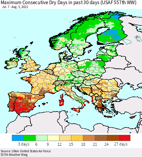 Europe Maximum Consecutive Dry Days in past 30 days (USAF 557th WW) 08/05/2022 Thematic Map For 8/1/2022 - 8/5/2022