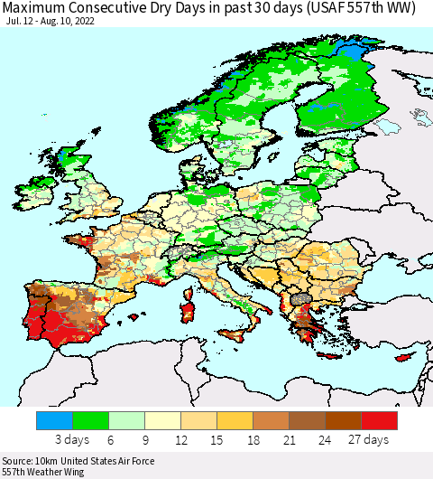 Europe Maximum Consecutive Dry Days in past 30 days (USAF 557th WW) 08/10/2022 Thematic Map For 8/6/2022 - 8/10/2022