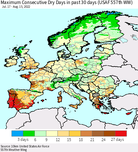 Europe Maximum Consecutive Dry Days in past 30 days (USAF 557th WW) 08/15/2022 Thematic Map For 8/11/2022 - 8/15/2022