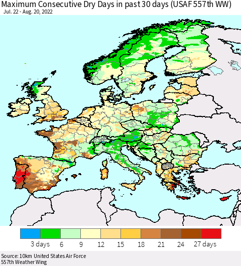 Europe Maximum Consecutive Dry Days in past 30 days (USAF 557th WW) 08/20/2022 Thematic Map For 8/16/2022 - 8/20/2022