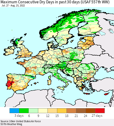 Europe Maximum Consecutive Dry Days in past 30 days (USAF 557th WW) 08/25/2022 Thematic Map For 8/21/2022 - 8/25/2022