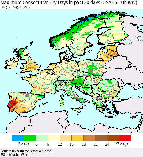 Europe Maximum Consecutive Dry Days in past 30 days (USAF 557th WW) 08/31/2022 Thematic Map For 8/26/2022 - 8/31/2022